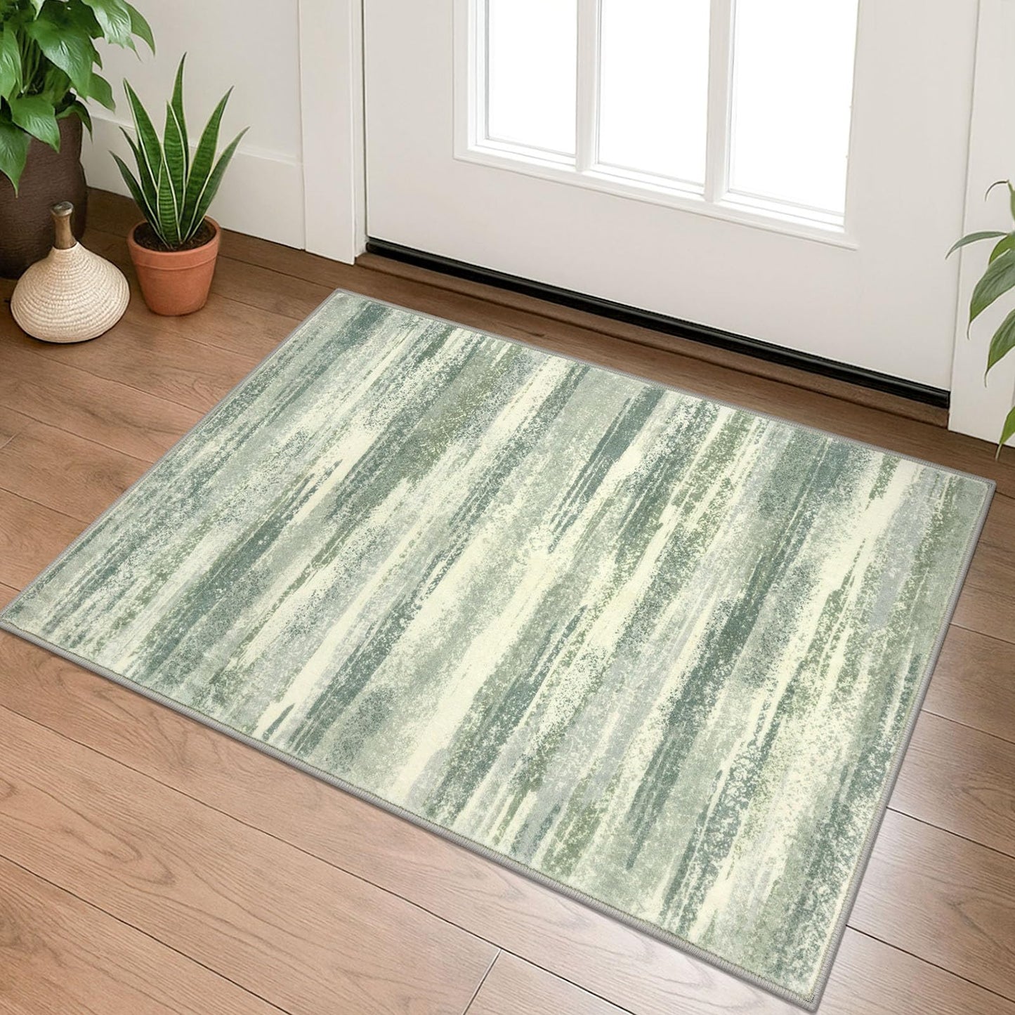 Lansny Modern Abstract Entryway Rug Indoor 2x3 Washable Rug Non-Slip Soft Small Area Rug Sage Green Grey Kitchen Mats Thin Print Faux Wool Floor Carpet Throw Rugs for Entrance Bedroom