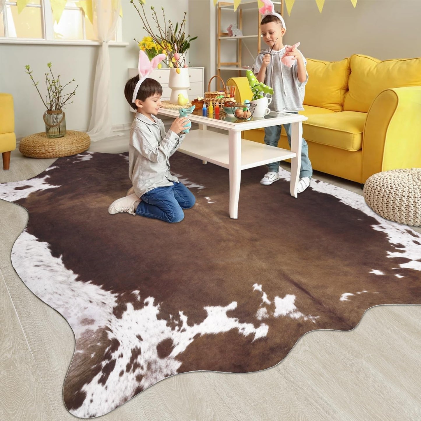 Pettop Luxury Faux Cowhide Rug 4.6x5.2 Feet - Western Cow Print Area Rugs for Living Room, Bedroom, Farmhouse - Premium Western Style Faux Fur Carpet, Non-Slip Animal Hide Throw Rugs (Dark Brown)