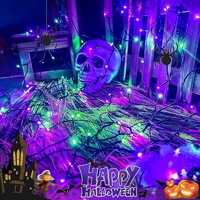 OZS Purple and Green Solar Halloween Lights Outdoor, 2 Pack 240LED 95FT Solar String Lights Waterproof with 8 Modes & Auto On/Off for Tree Party Halloween Decorations