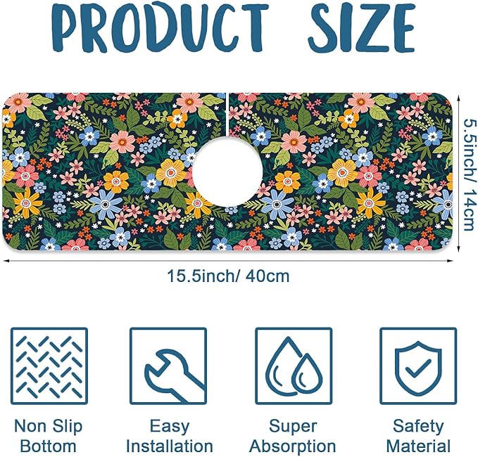 Colorful Flower Sink Splash Guard Faucet Mat Flowers Leaves Super Absorbent