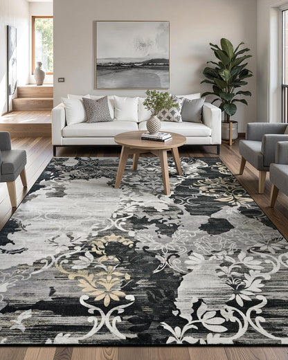 Washable Abstract Rug, 5x7 Black Floral Area Rugs with Non-Slip Rubber Backed for Bedroom, Low Pile Modern Throw Carpet Kitchen Living Room Decor