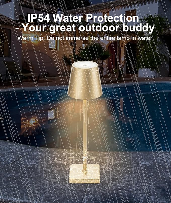 HASUN 2 Pack Rechargeable Table Lamp, LED Cordless Desk Lamp, 5200mAh Battery Operated Table Light, Aluminum Shell, 3 Color Stepless Dimming Up Waterproof for Coffee Table/Indoor/Outdoor (Gold)