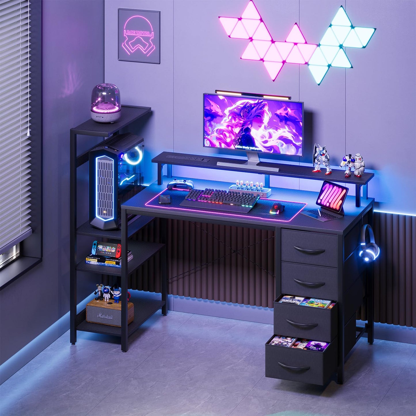 51 Inch Gaming Desk with Power Outlet and LED Lights, Computer Desk with 4 Drawers & Storage Shelves, Reversible Home Office Desk with Monitor Stand for Small Space Bedroom, Carbon Fiber Black