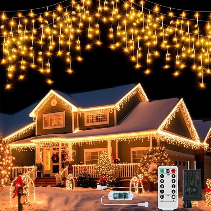 600LED Plug-in Christmas Icicle String Lights, 75Ft With Remote, 8 Modes Warm White Twinkle Fairy Waterproof for Terrace Wall Outdoor Decoration