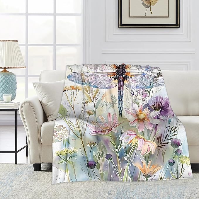 Throw Blanket, Boho Watercolor Dragonfly Throw Blankets for Adult Kids Boys Girls, Wildflowers Decor Gifts for Home Bed Couch 50x60 Inches