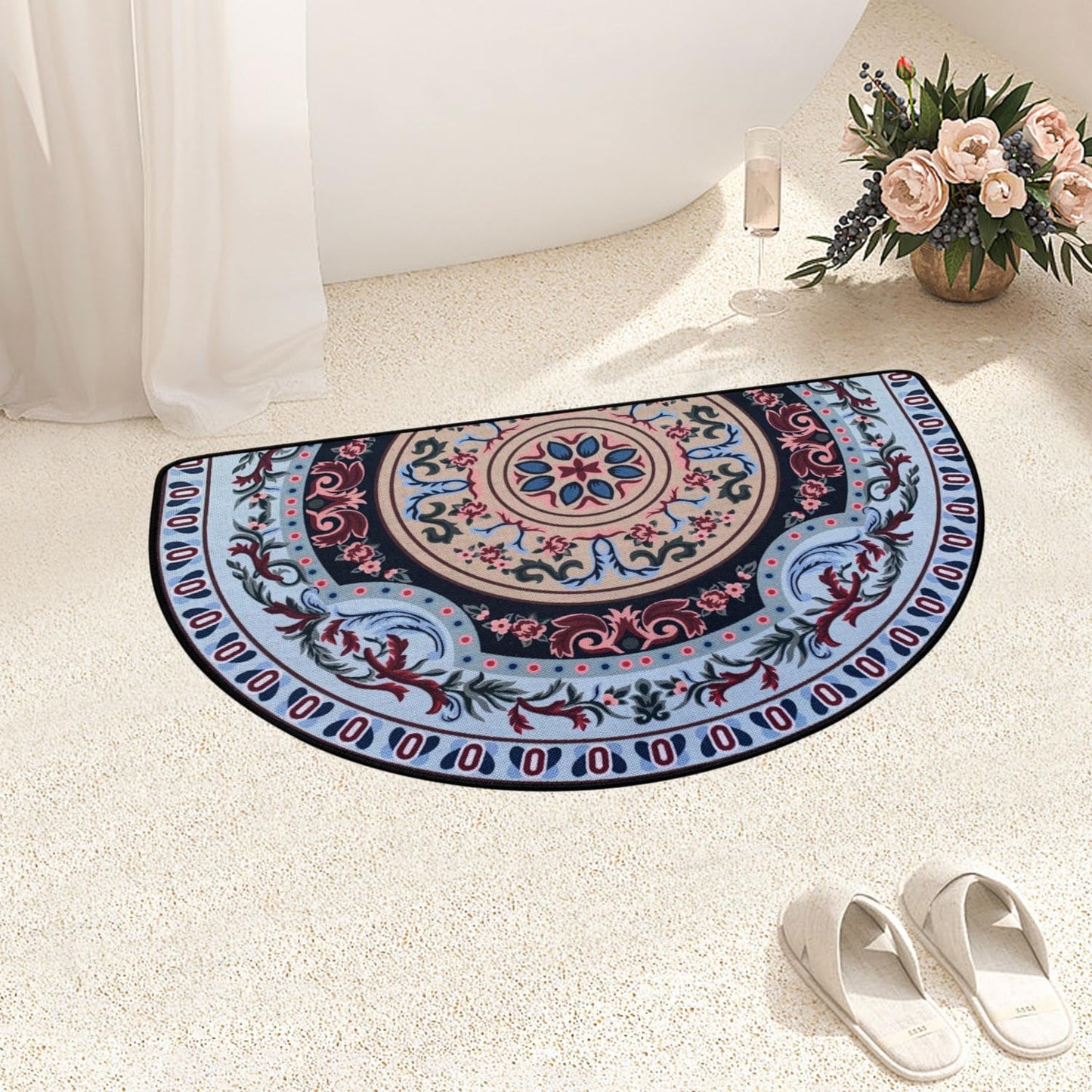 NEWBILITI Mandala Half Circle Doormat Boho BathMat Semi Round Non-Slip Bathroom Rugs Floor Mat Linen Half Sun and Moon Rug Bohemian Decor Bath Door Semicircle Mats, Disc Flower