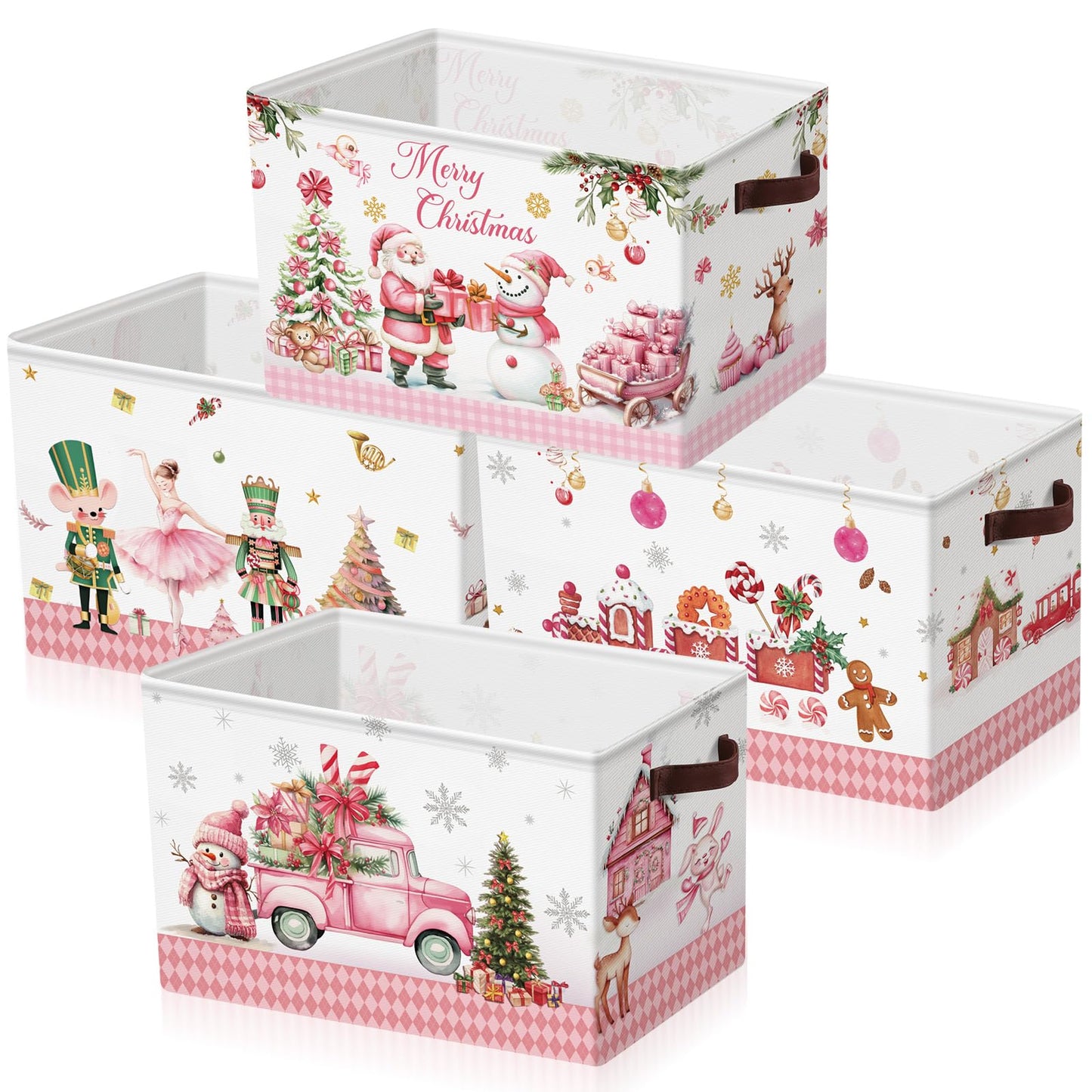 Geelin 4 Pcs Large Christmas Basket for Gifts Empty 15 x 11 x 9.5 Inch Xmas Storage Basket with Handles Collapsible Storage Bin Rectangle Laundry Organizer for Office Home Bedroom Cloth Toy(Pink)