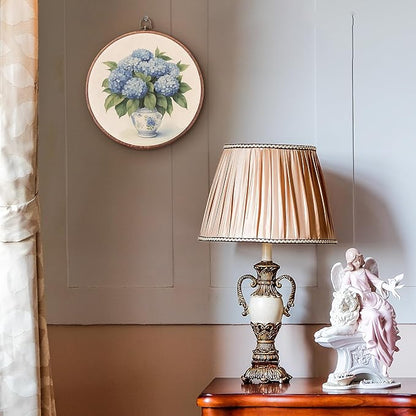 Threegoat Chinoiserie Spring Floral Framed Round Wall Art,Blue and White Hydrangea Flowers Wall Art Decor for Bedroom,Vintage Wall Hanging Decor for Grand Millenial Grandmillennial Home - A01