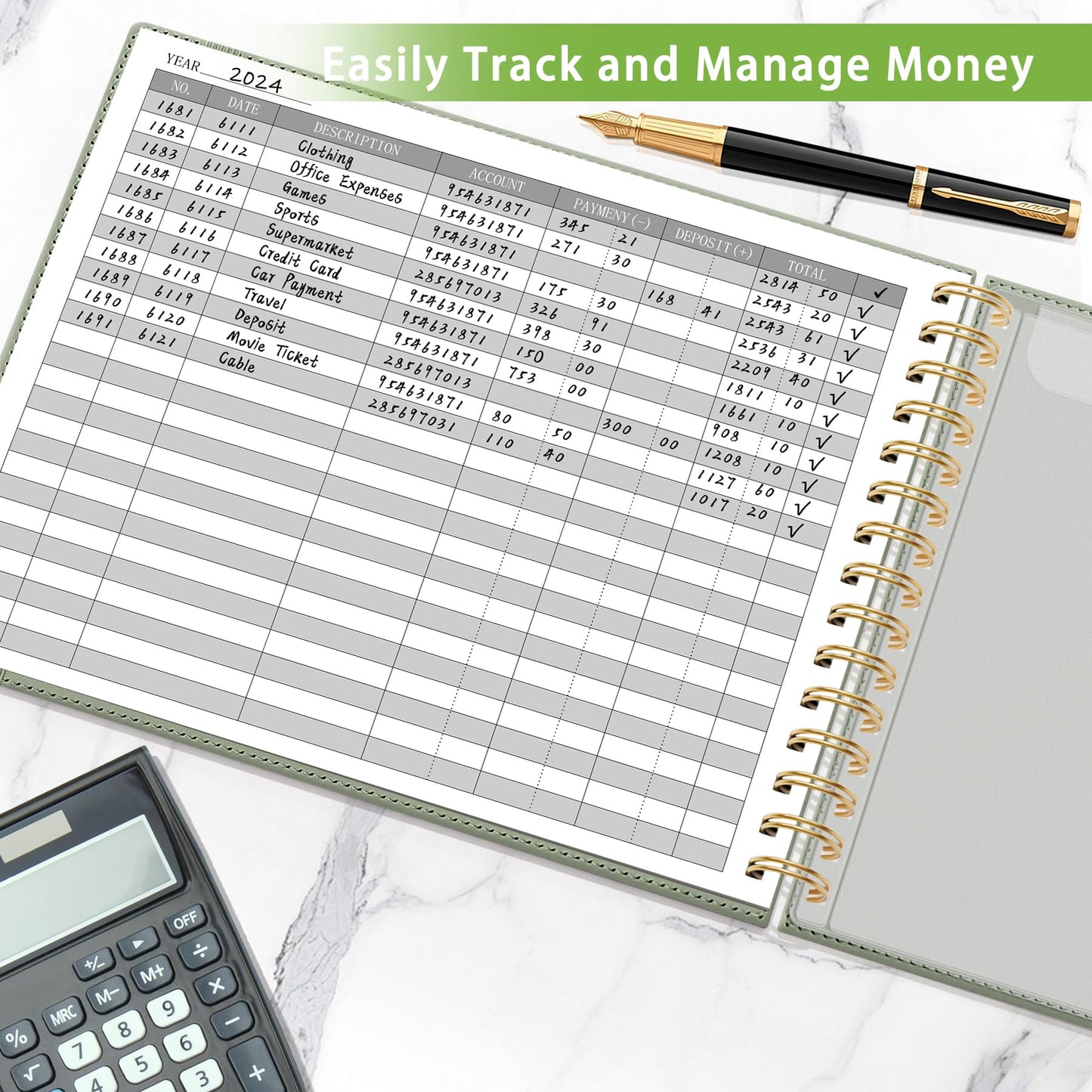 HAUTOCO Hardcover Accounting Ledger Book for Small Business Bookkeeping Horizontal Money Expense Tracker Notebook with 2 Storage Pouch, Personal Columnar Log Journal 10.78 x 8'', Olive Green