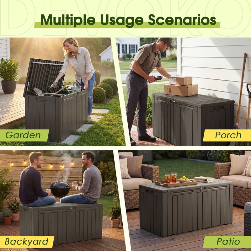 Devoko 100 Gallon Outdoor Storage Box, Waterproof Resin Deck Box for Patio Furniture, Lockable Container for Garden Cushions & Pool Supplies (Brown, 100 Gallon)