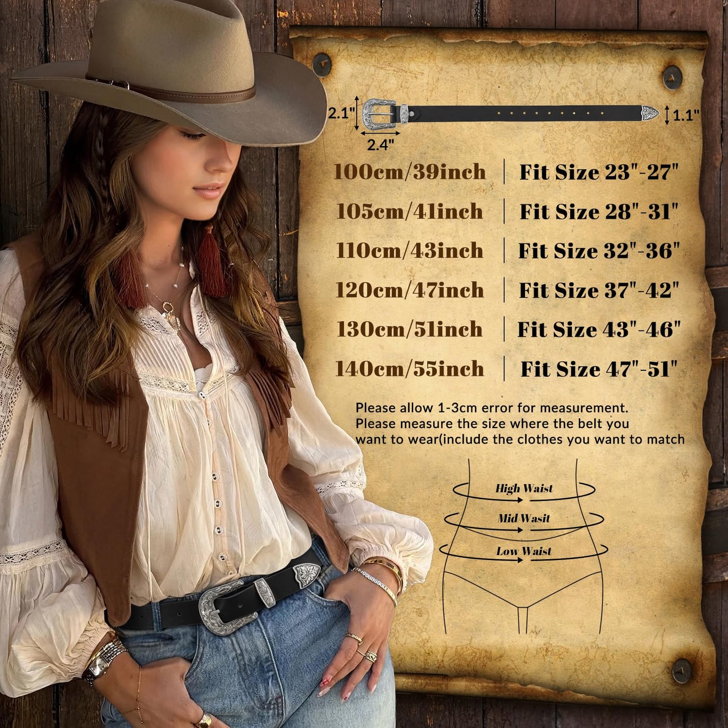 JASGOOD Women Leather Belts Ladies Vintage Western Belt Cowboy Cowgirl Country Belt Design Black Waist Belts for Pants Jeans Dresses