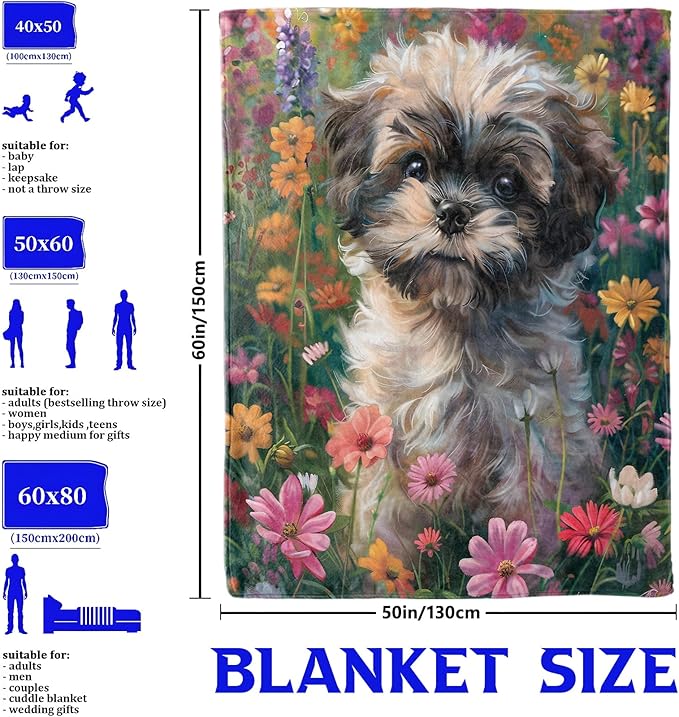Shih Tzu Flower Throw Blanket for Boys Girls Kids Adults Women, Fuzzy Warm Soft Cozy Flannel Blankets Gifts for Bedroom, Couch, Travel, Home Decor 60x80 in