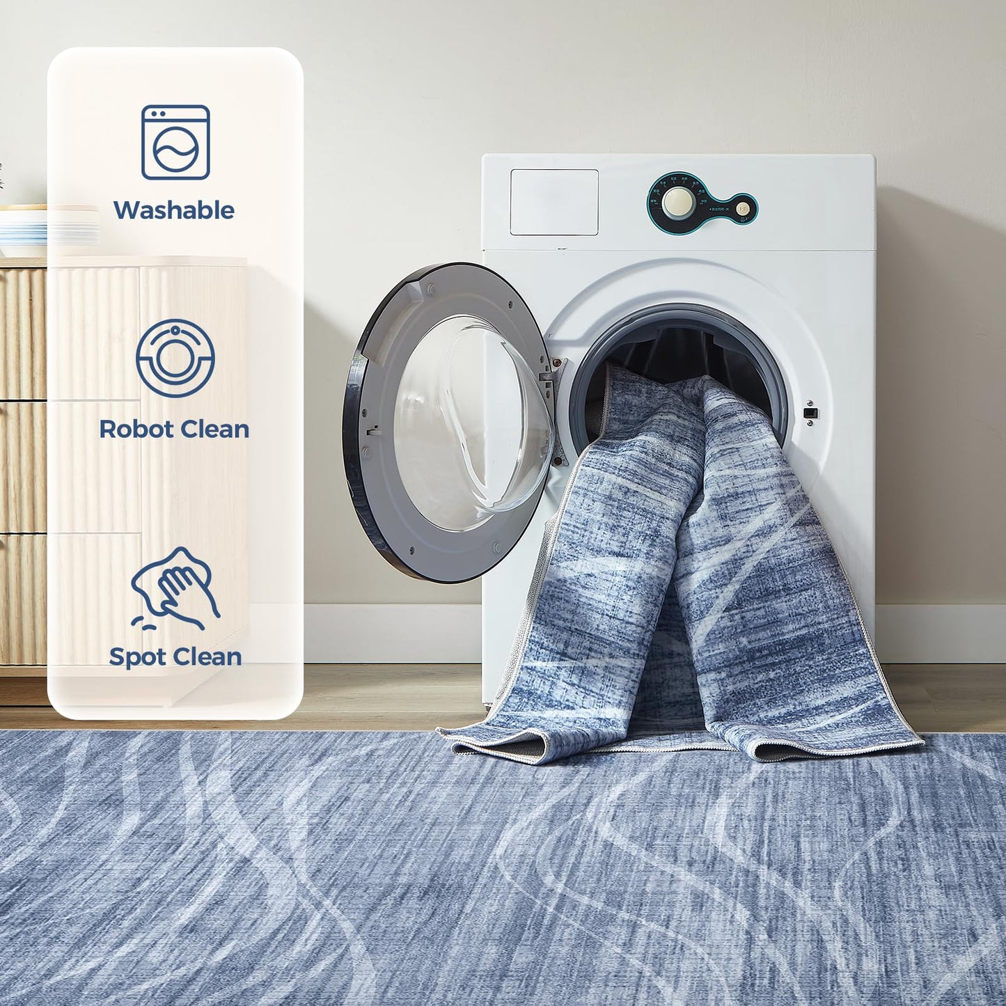 WITSHOCK 9x12 Area Rug, Washable Rugs for Living Room, Large Rug Thin Carpet Non Slip Stain Resistant Soft Carpets, Modern Wave Striped Rugs for Bedroom Dining Room Office Kitchen Nursery, Blue