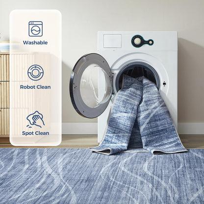 WITSHOCK 9x12 Area Rug, Washable Rugs for Living Room, Large Rug Thin Carpet Non Slip Stain Resistant Soft Carpets, Modern Wave Striped Rugs for Bedroom Dining Room Office Kitchen Nursery, Blue