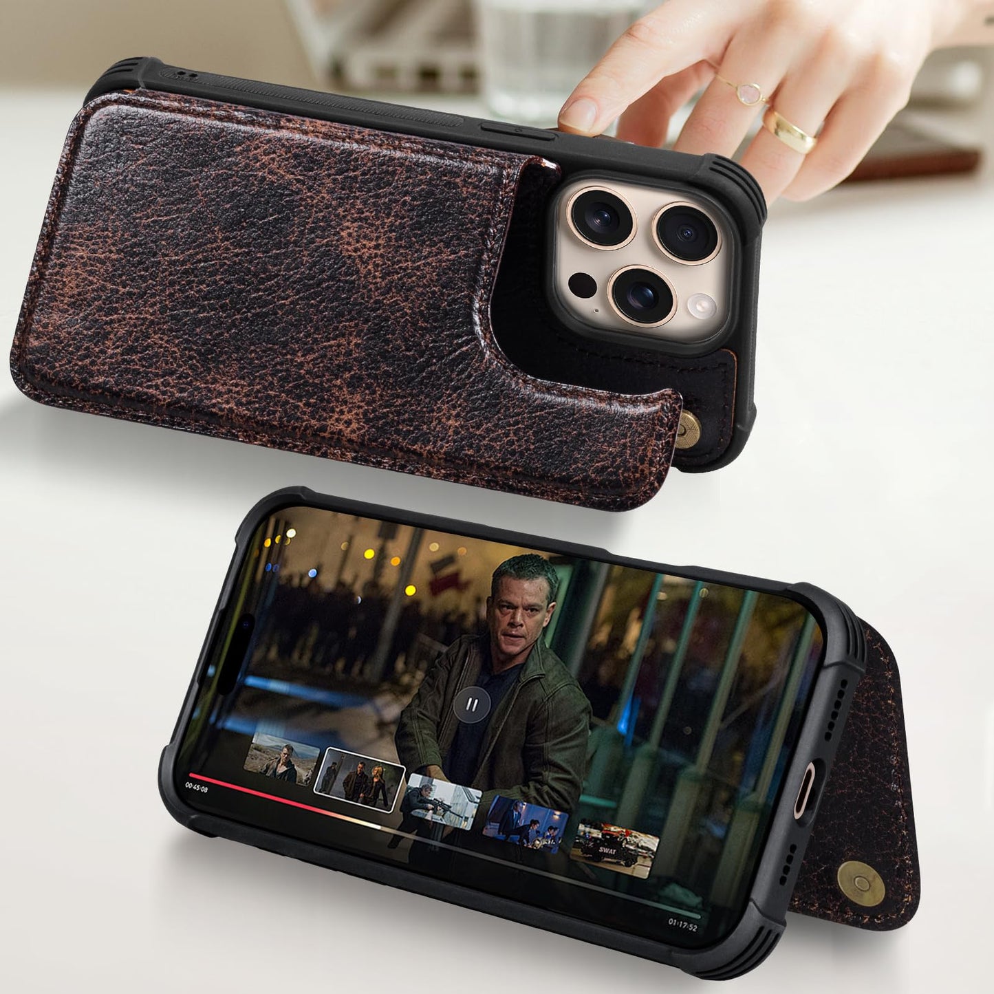 RMAWRAD Wallet Real Leather Case Compatible with iPhone 15 Pro Max 6.7",Genuine Leather，Shockproof, Anti-Fall Case, Flip Cover, with Card Slot, Double Magnetic Buckle, Kickstand, Coffee
