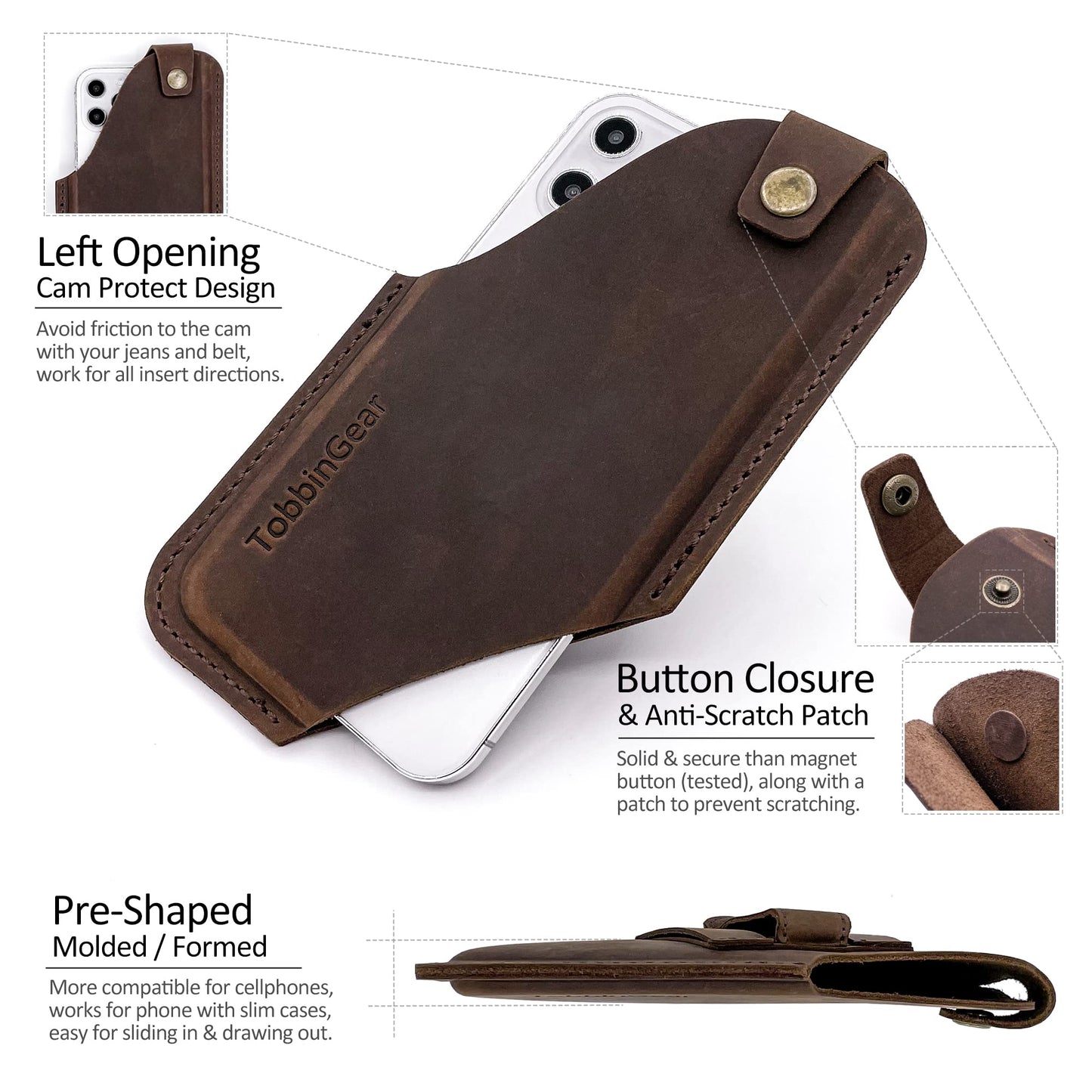 TobbinGear Leather Cell Phone Holster with Belt Clip, Universal Phone Holster for Men Belt Holder, Leather Case for iPhone, Samsung Galaxy Phones, Dark Brown, Large