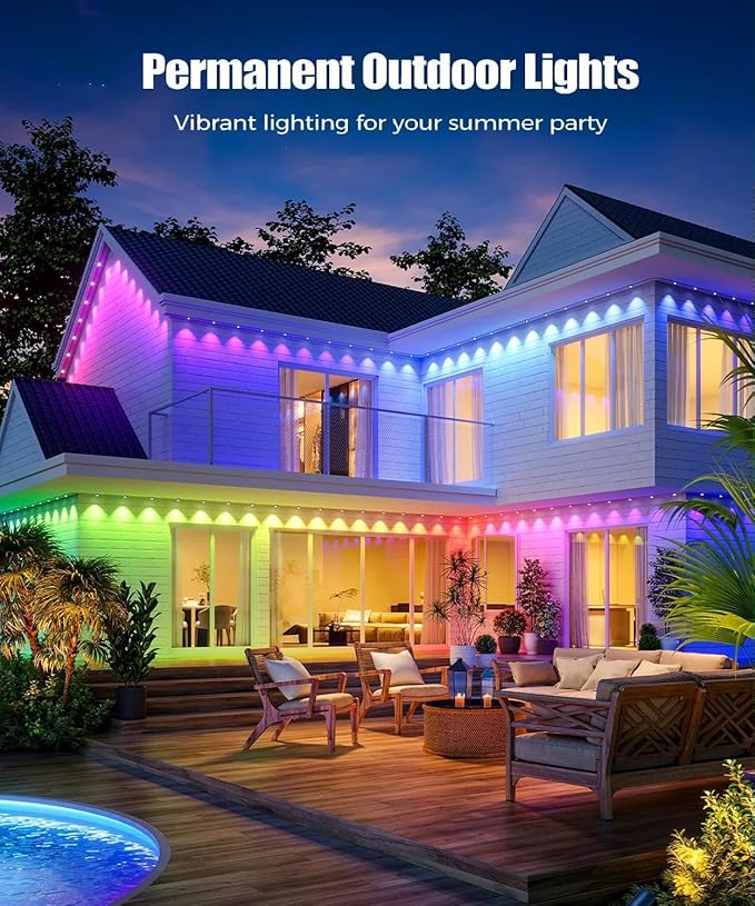 100ft Permanent Outdoor Lights for House, 2025 Smart RGB LED Outside Lights with Remote Control, IP67 Waterproof Eternity Eaves Lighting for Christmas, Halloween, Holiday, Party, Daily