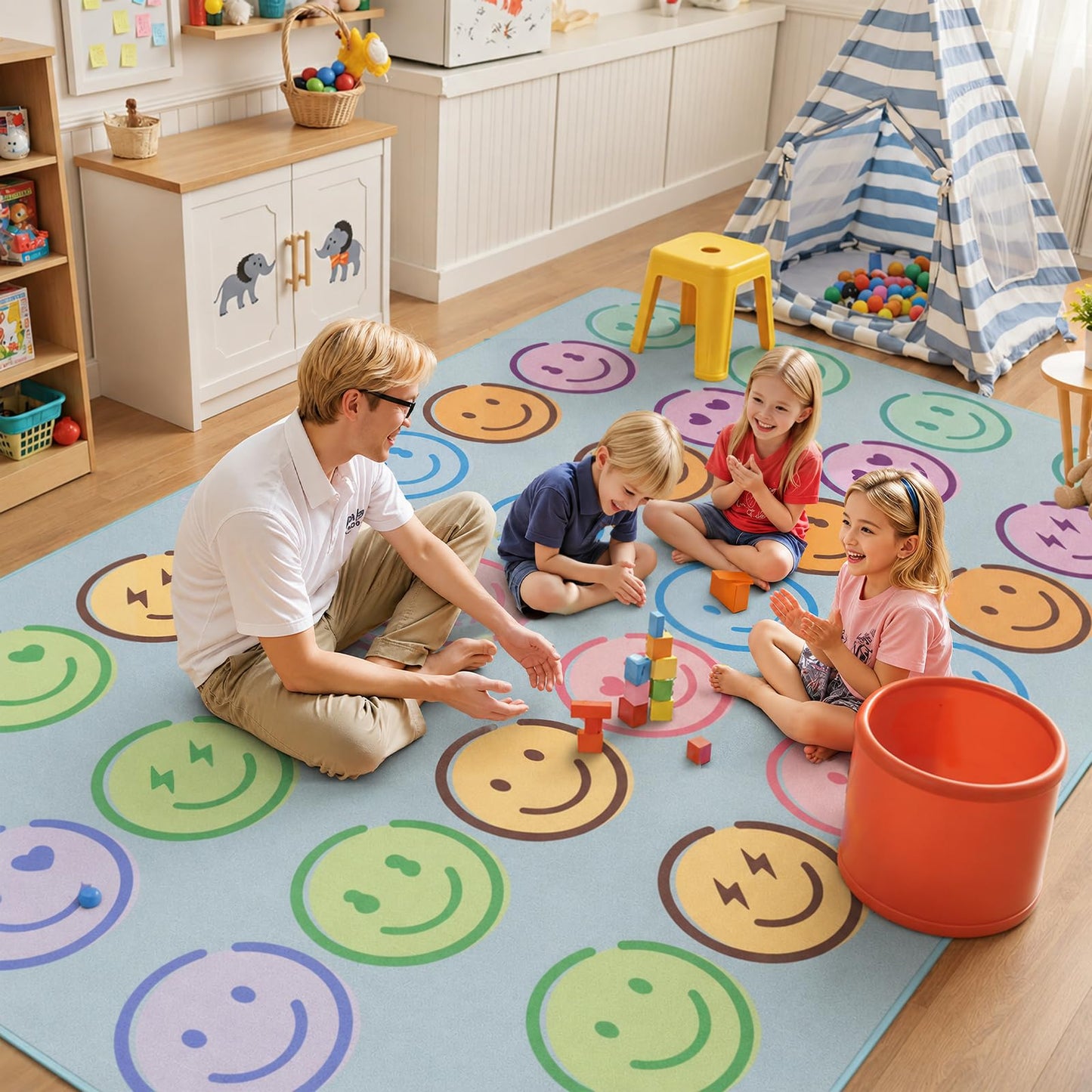 5' x 7' Classroom Rug, Carpets Schoolgirl Style Pastel Smileys Educational Area Rugs for Kids Room Seating Décor, Play Carpet for Teaching and Playroom (Smiley Face Rug, 5x7ft)