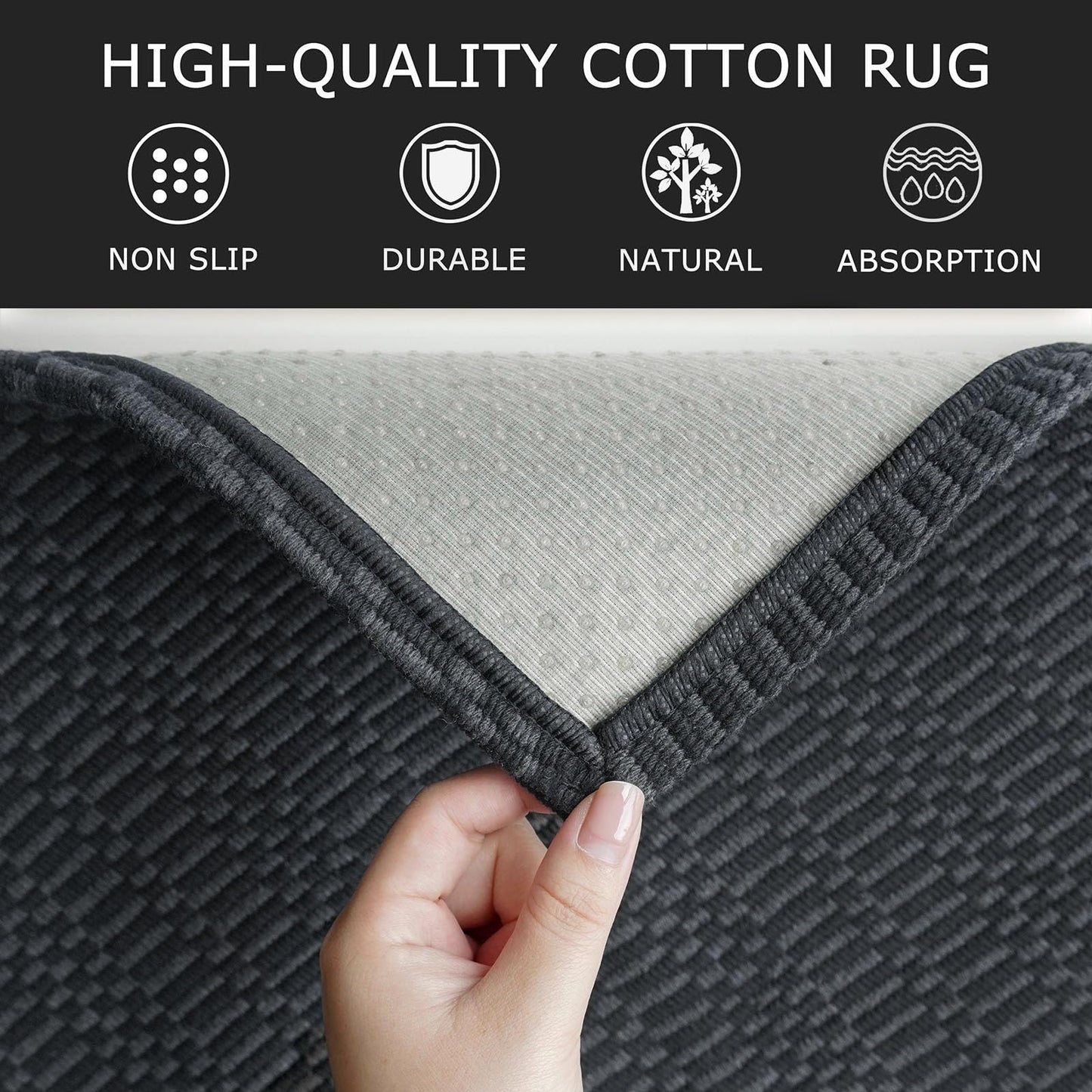 KOZYFLY Washable Entryway Rug 3x5 Ft Area Rugs Cotton Rubber Backed Throw Rugs Indoor Door Mat Kitchen Rugs Braided Floor Carpet for Front Entrance Bathroom Kitchen Living Room, Black/Grey
