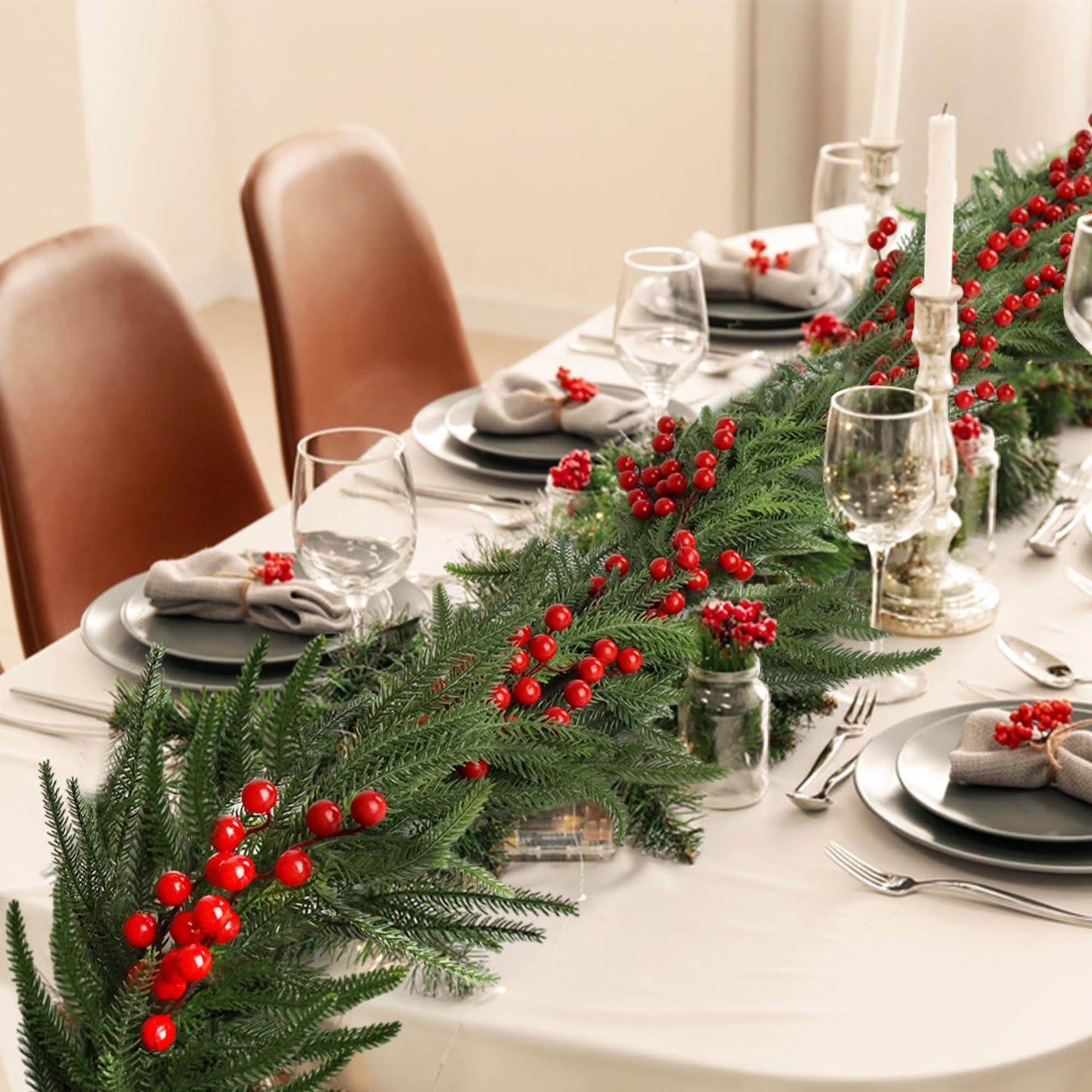 Christmas Norfolk Pine Garland 2PCS 9FT,Real Touch Faux Winter Greenery Garland with Light for Stairs Table Fireplace Backdrop Wall,Christmas Holiday Seasonal Winter Decor