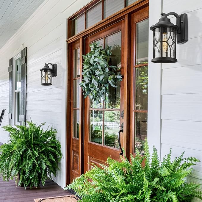 zeyu 2 Pack Outdoor Wall Lights, Exterior Light Fixture for Front Porch House, Die-Cast Aluminum with Seeded Glass, Black Finish, ZX48B-2PK BK