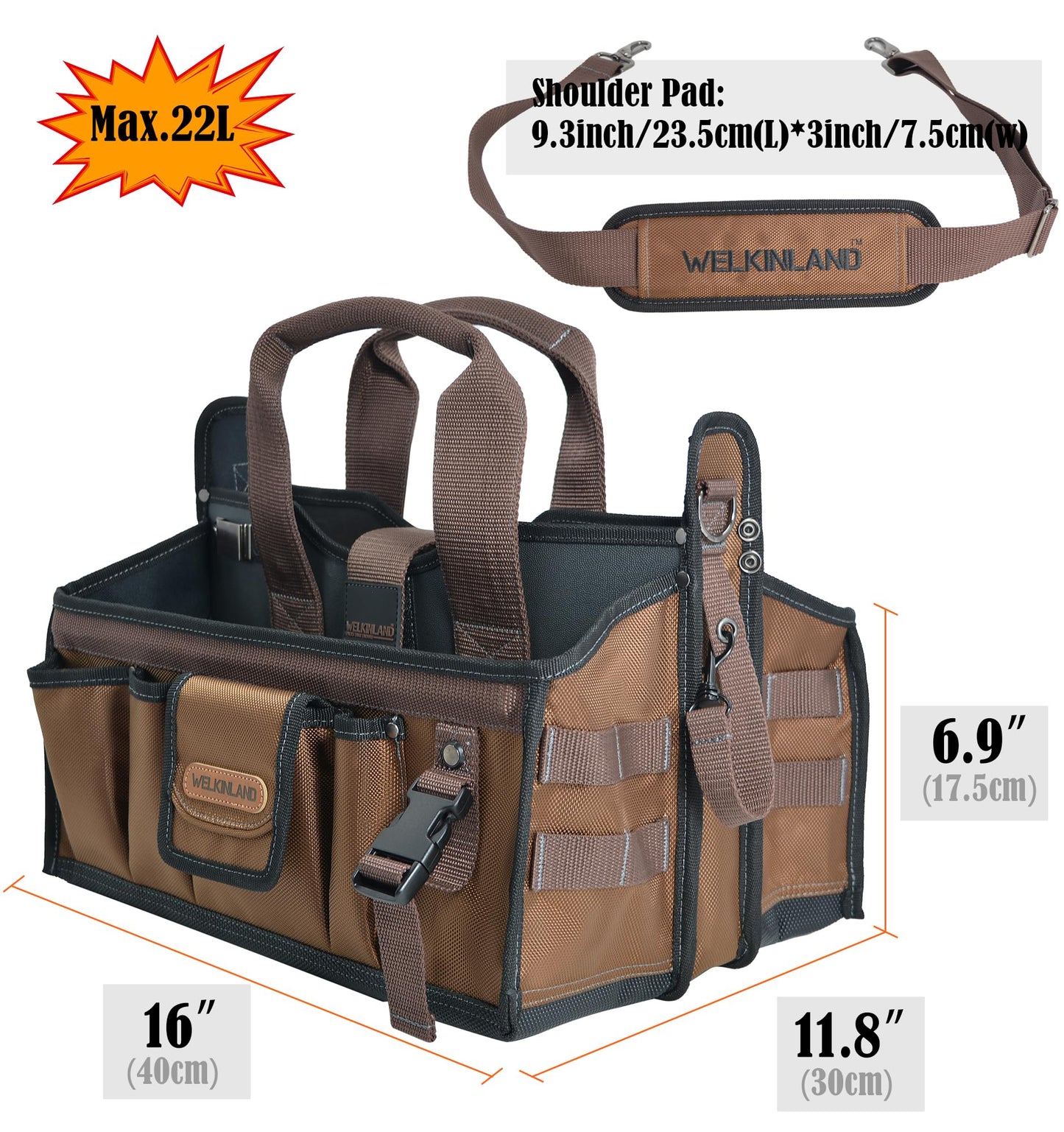 WELKINLAND 20-Pockets Tool Tote Bag, 16" Electrician Tool Bag, Open-Top Tool Bag, Stay-Up HVAC Tools Bag, Brown Tech Tools Bags, HVAC Bag, Tool Tote Bag With Handle