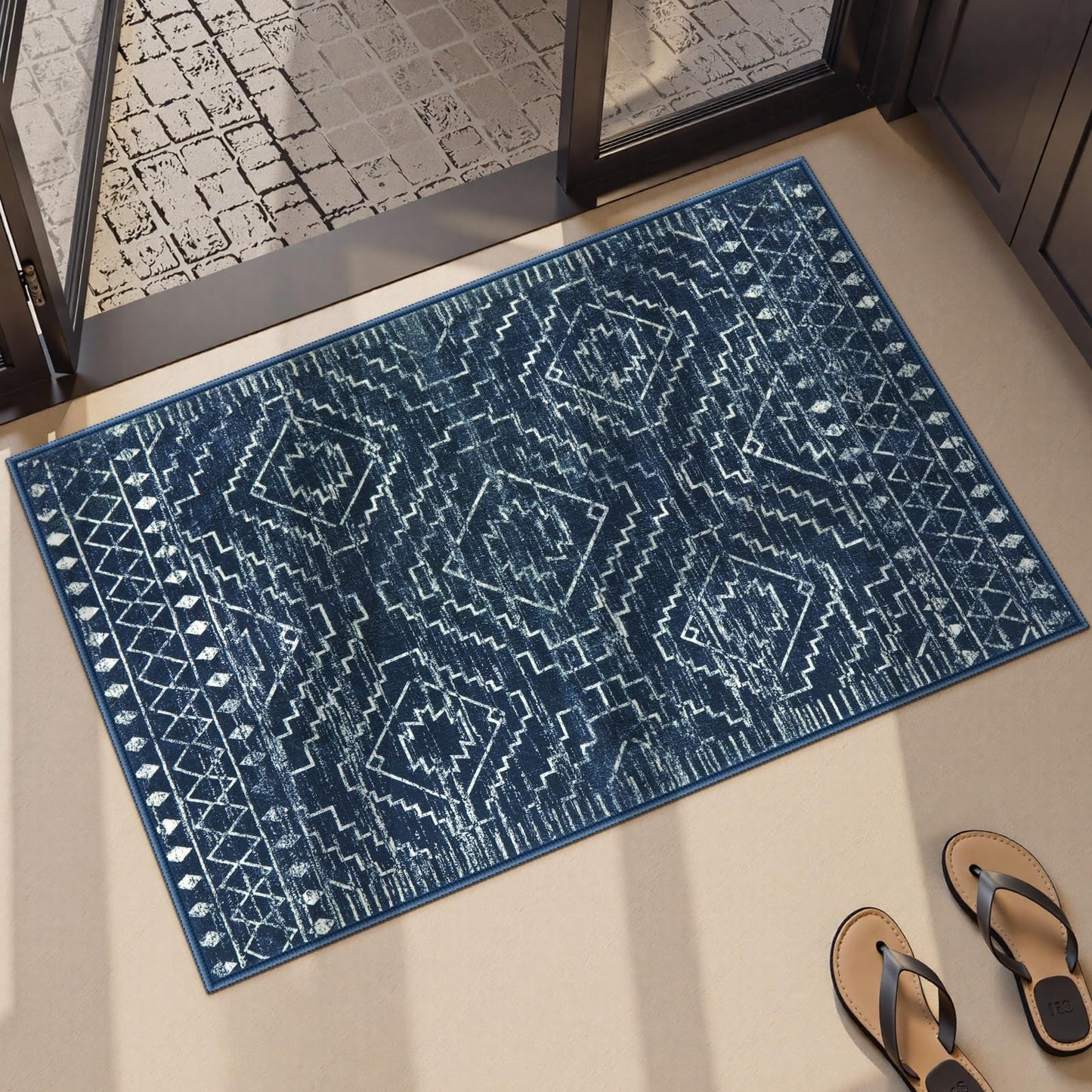 Wonnitar Moroccan Bathroom Rug,Washable 2x3 Small Bath Mat, Boho Tribal Soft Kitchen Sink Mat, Non-Slip Geometric Entry Way Rug, Low-Pile Indoor Carpet for Bedside Entrance Laundry (Blue,2'x3')