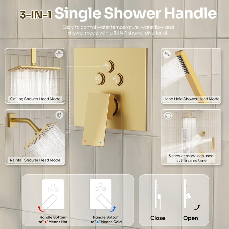Gold Shower Faucet Set, Brushed Gold Shower System, 10'' Ceiling Shower Head and 6'' Wall Mounted ShowerHead, Dual Gold Shower Head with Handheld Combo, 3 In 1 Push Button Shower Diverter Valve