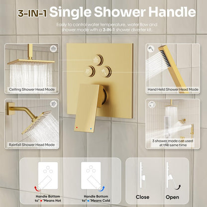 Gold Shower Faucet Set, Brushed Gold Shower System, 10'' Ceiling Shower Head and 6'' Wall Mounted ShowerHead, Dual Gold Shower Head with Handheld Combo, 3 In 1 Push Button Shower Diverter Valve