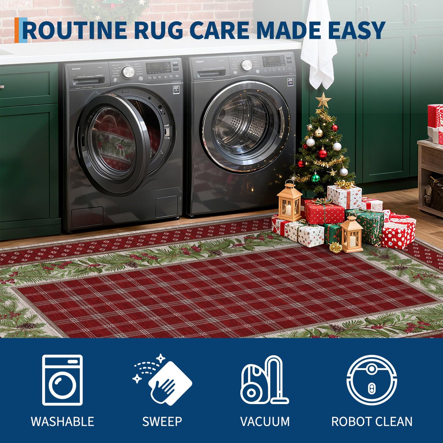 GarveeHome 5x7 Christmas Area Rug for Living Room: Machine Washable Christmas Area Rugs for Bedroom with Non-Slip Backing, Living Room Washable Carpet, Soft Low Pile Non-Slip Bedroom Carpet 5*7 ft Red