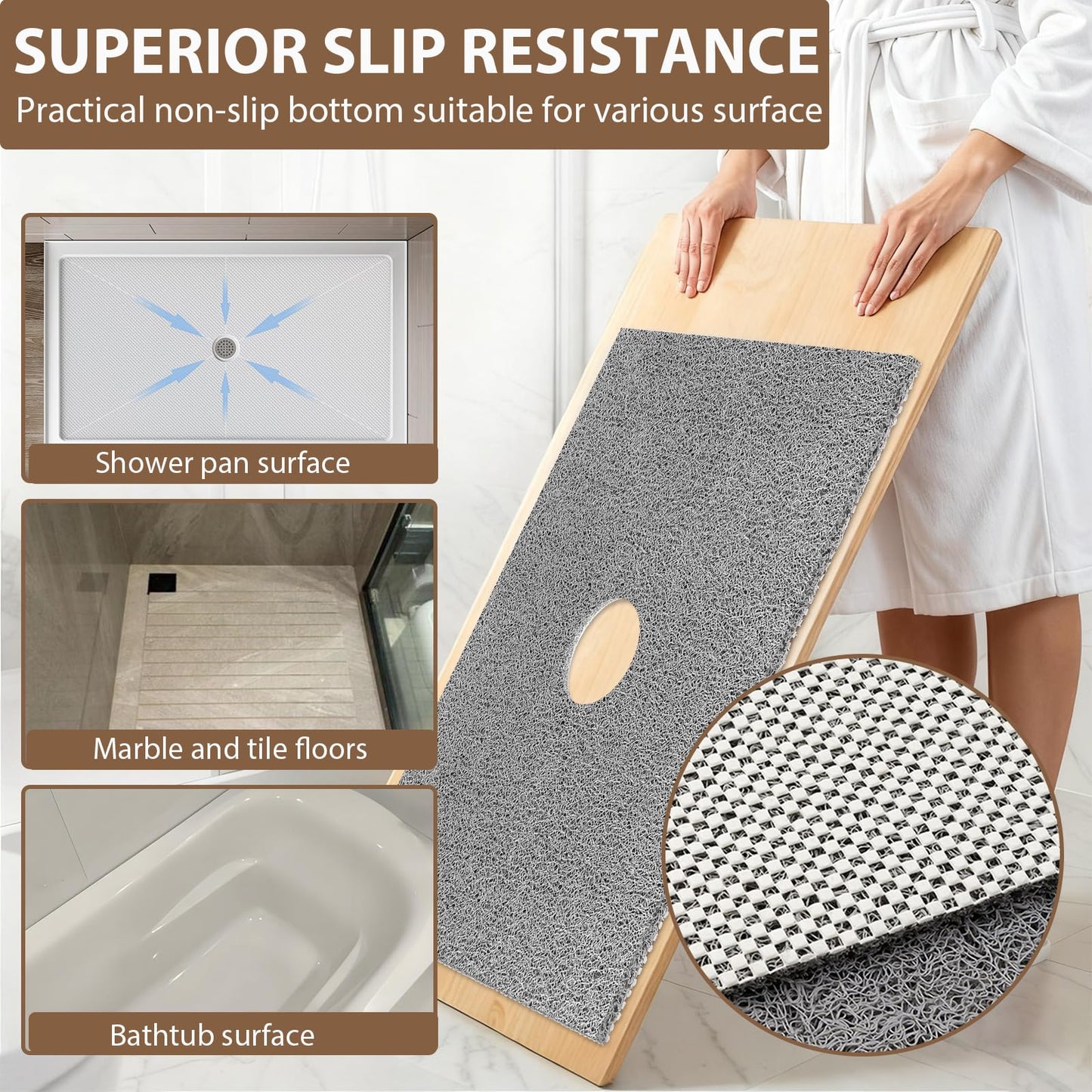 Extra Large Non Slip Shower Mat: 39.4x27.5 inch Loofah Shower Mat for Inside Shower with Drain Hole in Middle, Soft PVC Anti-Slip Shower Stall Mats for Bathroom,Wet Area, Quick Drying