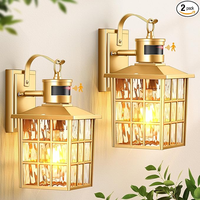 VIANIS Gold Outdoor Wall Lights, 2 Pack Motion Sensor Exterior Lights for House Wall Mount Sconce Lamp, Dusk to Dawn Porch Light Fixture, Golden Outside Garage Light Lantern with Tempered Ripple Glass