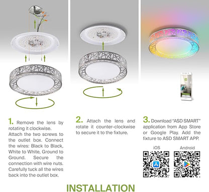 ASD 12 Inch Smart RGBW Flush Mount Ceiling Light with Remote - Brushed Nickel 20W 120V 2700-6500K Dimmable Ceiling Light Fixture, WiFi App Control RGB Lights, Alexa & Google Assistant - ETL