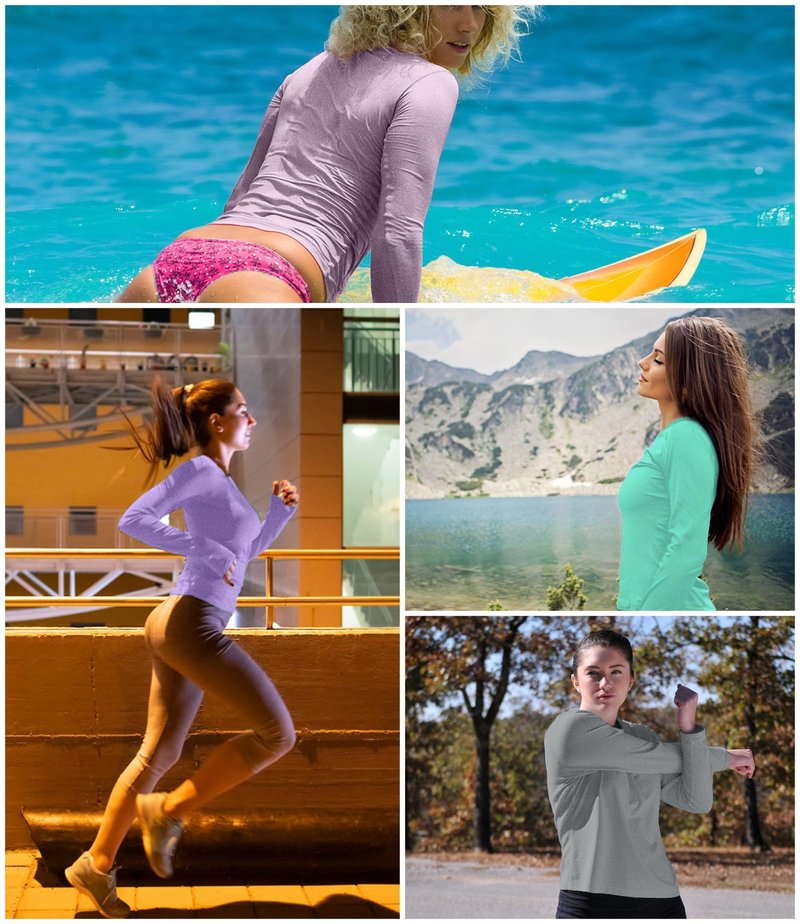 Kinglaman 6 Pack Women's Long Sleeve Workout Dry Fit Shirts, UPF 50+ Rash Guard SPF UV Sun Protection Shirts Crew Neck 1 Black 1 Gray 1 Blue 1 Purple 1 Dark Pink 1 Green Medium