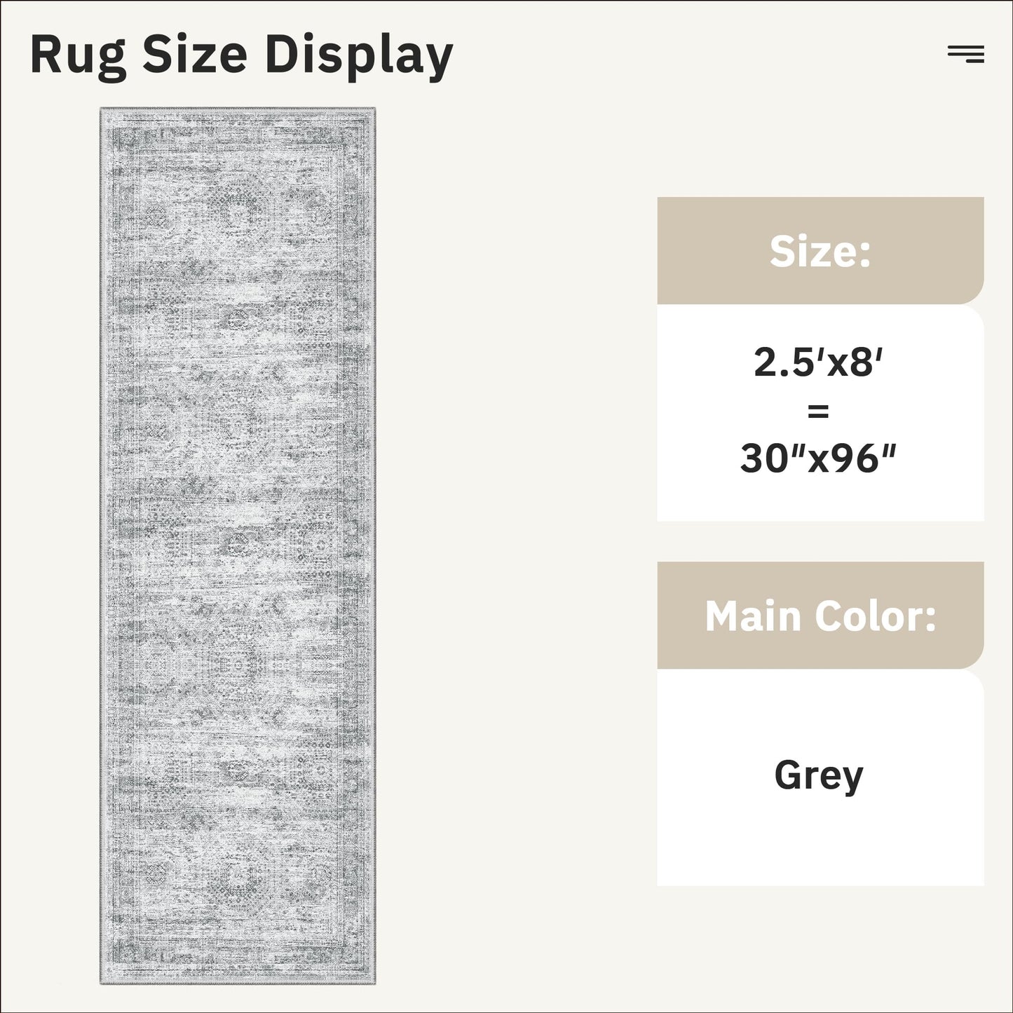 Soalmost Washable Runner Rug, 2'6" x 8' Non-Slip Kitchen Vintage Foldable Hallway Runners for Entryway, Laundry, Bedroom, Grey