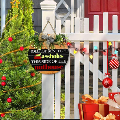 Christmas Door Sign Jolliest Bunch of A-holes Door Sign Funny This Side of The Nuthouse Round Wooden Sign with Bow Wreath Merry Christmas vacation Theme Door Hanging signs for Front Door