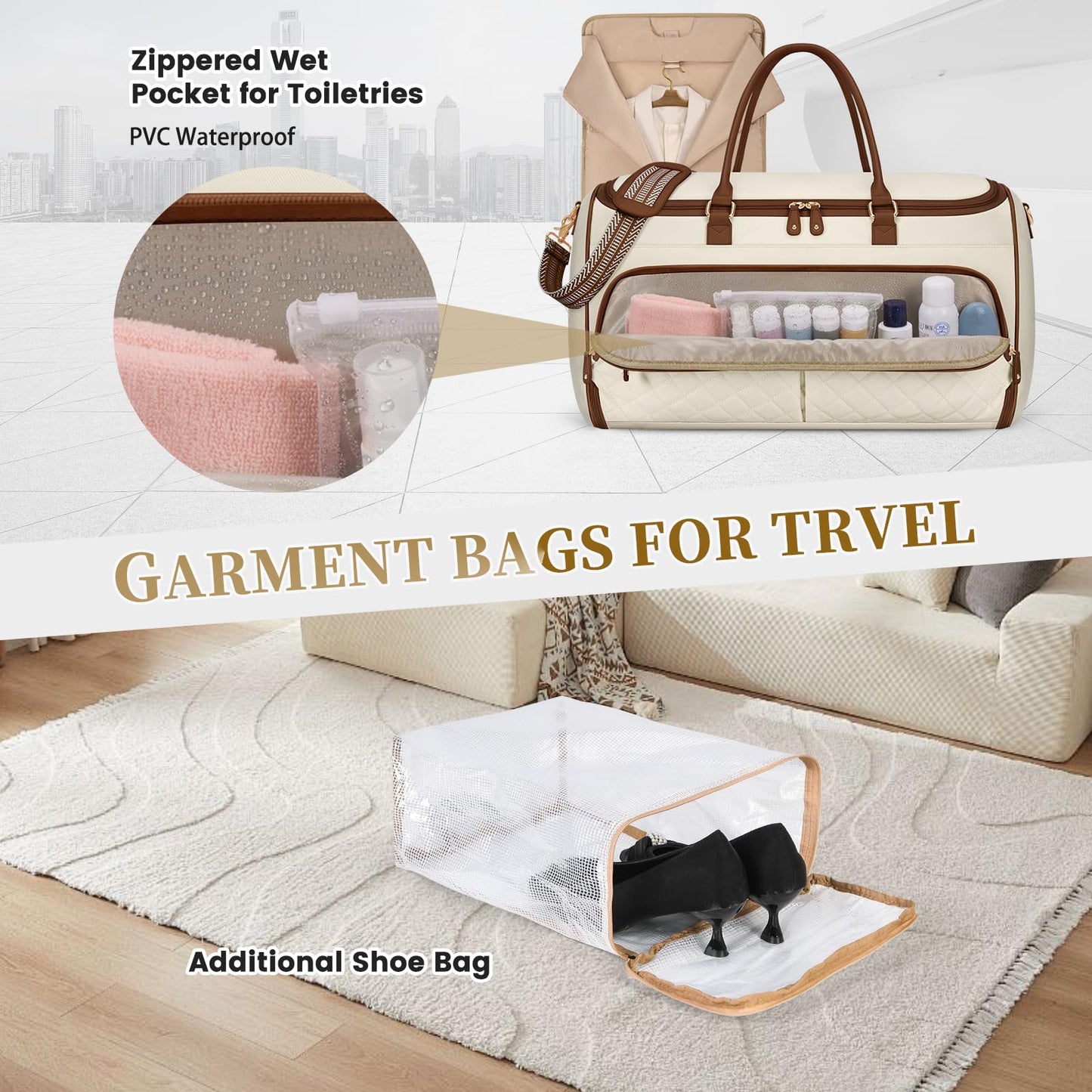 RAINSMORE Garment Bags for Travel Women Convertible Garment Duffle Bag for Hanging Clothes, Large Carry On Garment Bag with Shoe Bag & Wet Pocket, Foldable Dress Suit Business Travel Weekender Bags