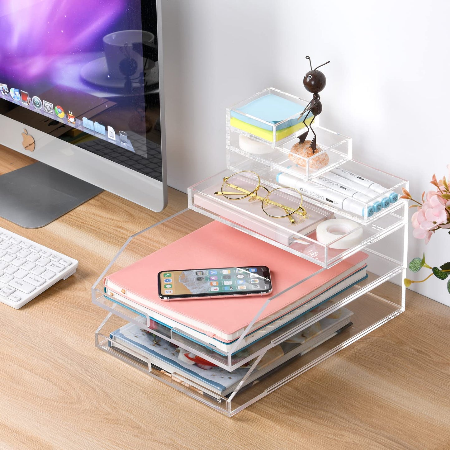 EXPUTRAN Clear Acrylic Desk Organizer for Office or Home Desk Drawer Dividers, Makeup Vanity Storage Bins, Stackable 4-Pack, Acrylic Accessory and Half Accessory Tray/Small Tray
