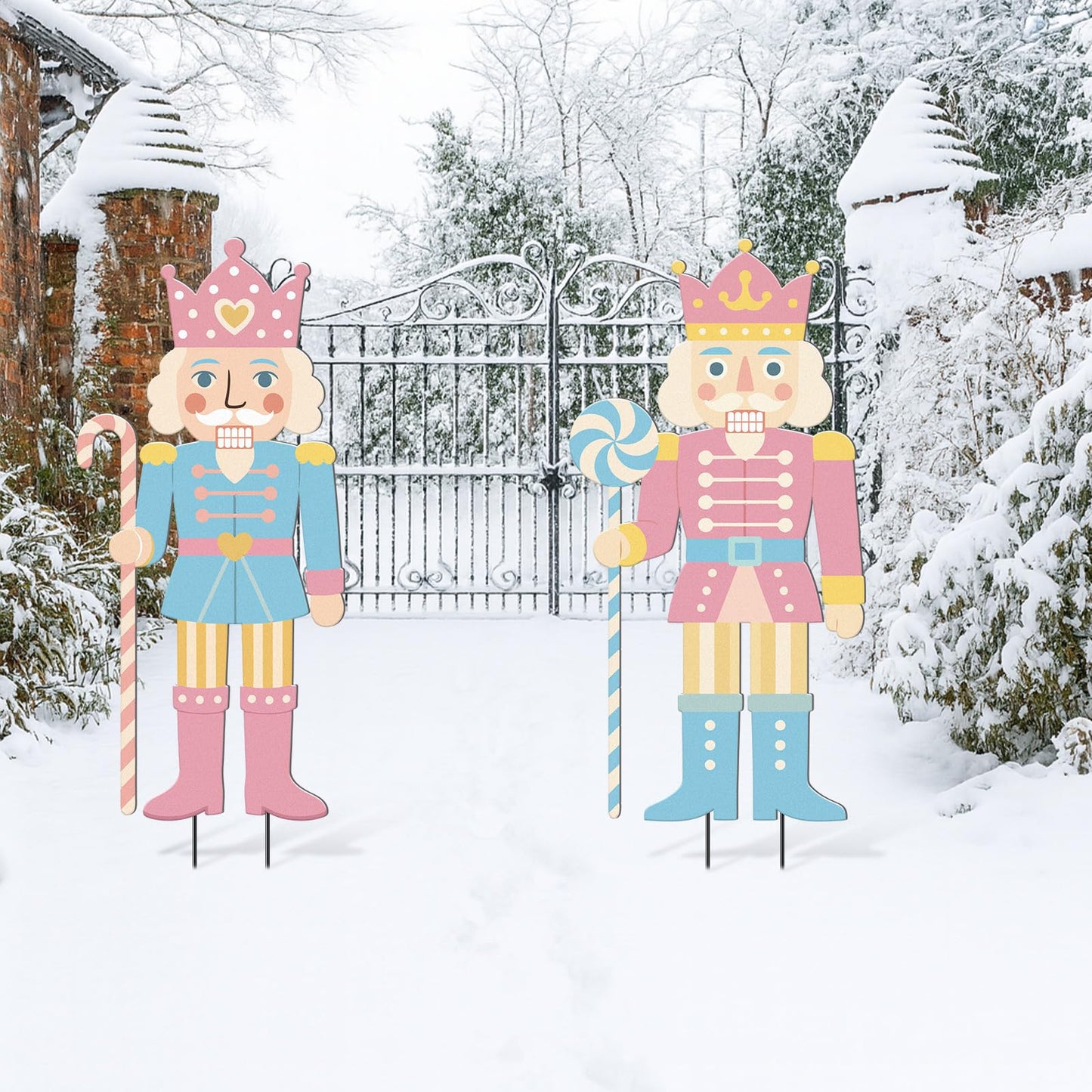 Pinkunn 2 Pcs Pastel Christmas Nutcracker Yard Stake Candy Cane Metal 3D Outdoor Christmas Decorations Xmas Nutcracker Yard Signs for Xmas Outdoor Garden Lawn Party Decor