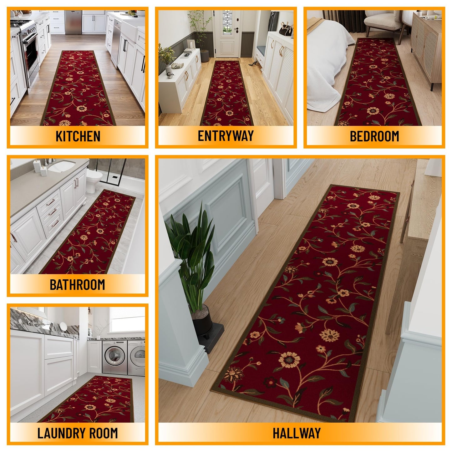 Ottomanson Hallway Runner Rug 2'7" x 9'6" Non Slip Floral Area Rugs Easy to Clean Laundry Rug Runner Durable Pet Friendly Floor Carpet Runners for Hallways Entryway Living Room Kitchen Bathroom, Red