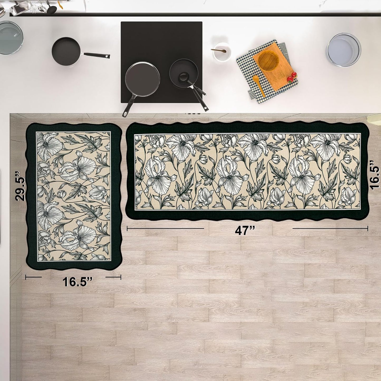 Brevoscht Scalloped Black Kitchen Rug Sets of 2, Non Slip Washable Kitchen Mats for Floor, Floral Comfort Standing Mat for Hallway Sink Laundry Office 16.5x29.5 and 16.5x47 Inch