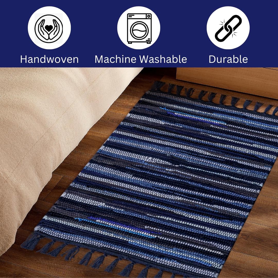 CottonCove Cotton Chindi Rug - Boho Rustic Area Accent Throw Rug - Area Floor Carpet for Bedroom Living Room Kitchen Dorm Entryway Hallway - 20x32 inch Hand Woven Reversible Area Rug Blue Multi