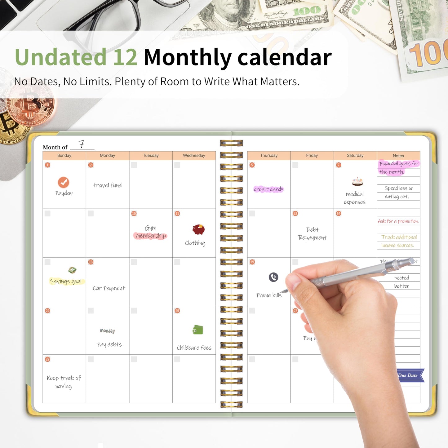 Budget Planner - Monthly Budget Book B5, Undated 12 Month Expense Tracker Notebook with Metal Corner Protectors & Bill Organizer, Hard Cover Financial Account Book for Women Men Home Business, Green