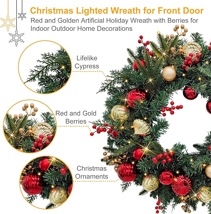 28’’ Pre-Lit Artificial Christmas Wreath, Battery Operated 35 LED Lights with Faux Greenery, Pine Cones, Berries for Front Door, Xmas Wreath for Holiday Christmas Home Decorations