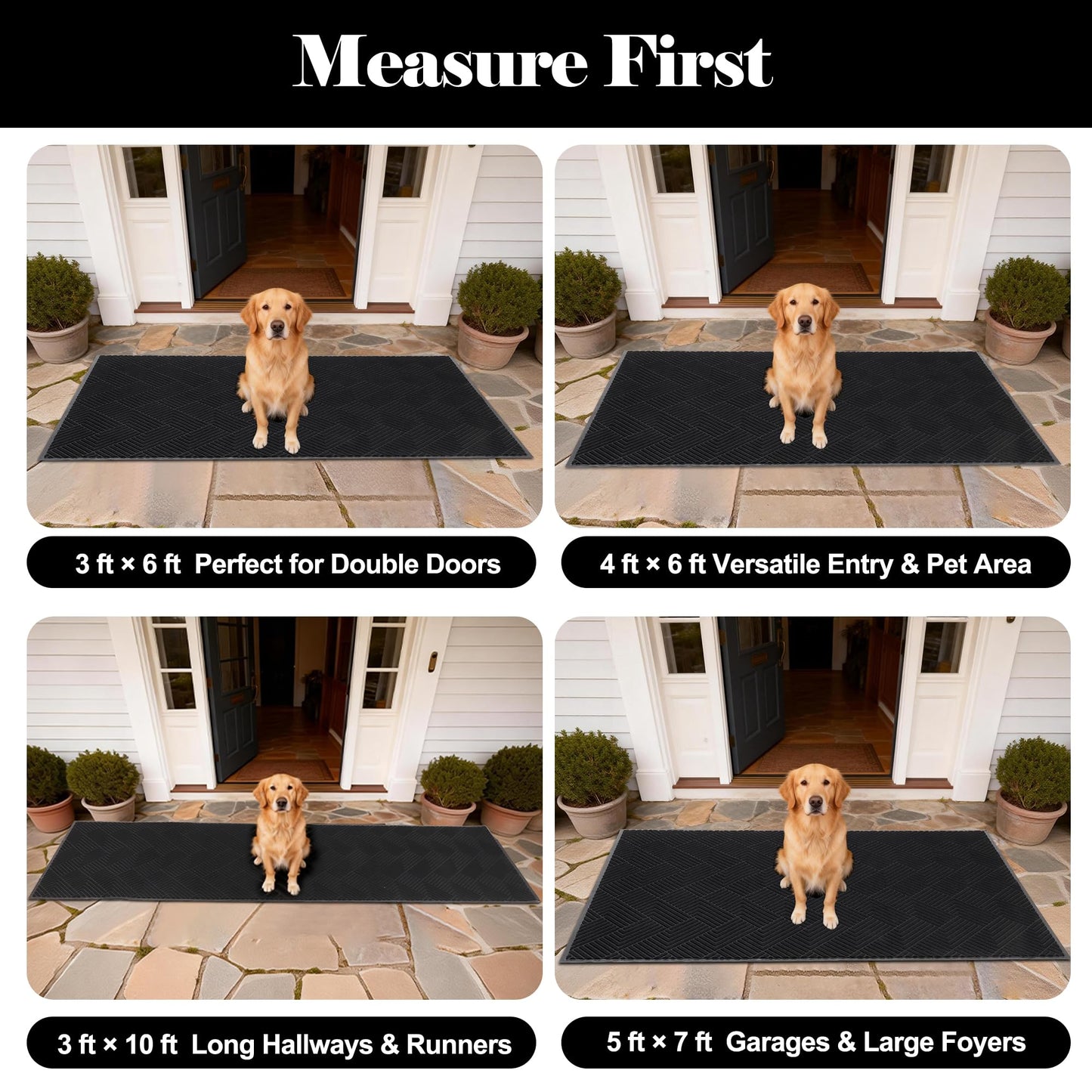 PEADEEAS Front Door Mat Outside Entrance, 5x7ft Oversized Heavy Duty Rubber Doormat, Large Low Profile Non Slip Door Mat, Trap Dirt and Moisture, Easy Clean Indoor Outdoor Entryway Mat, Black