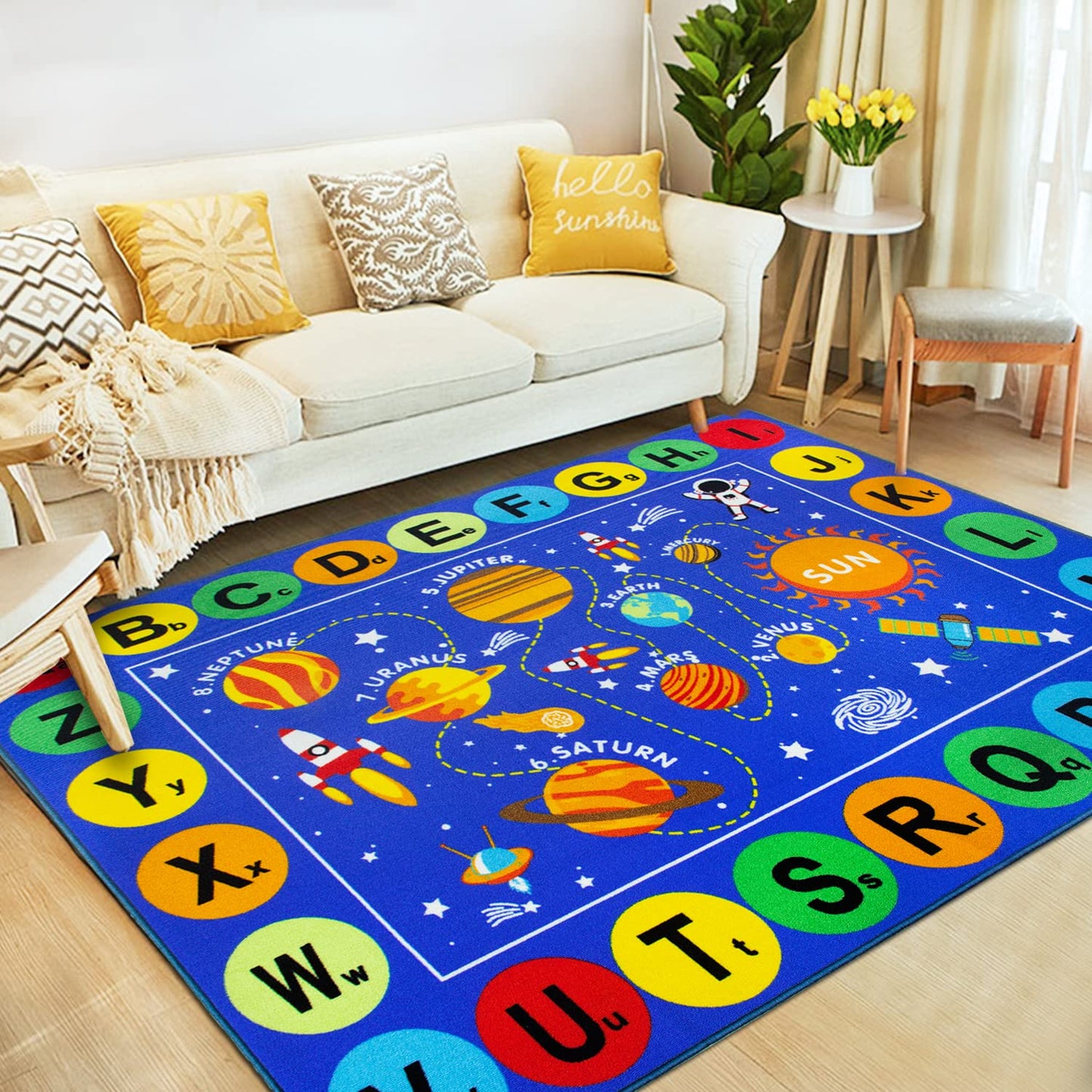 Capslpad ABC Alphabet Kids Rug Outer Space Educational Learning Area Rug 5'0" x 6'6" Non Slip Solar System Galaxy Planets Play Rug Carpet for Children