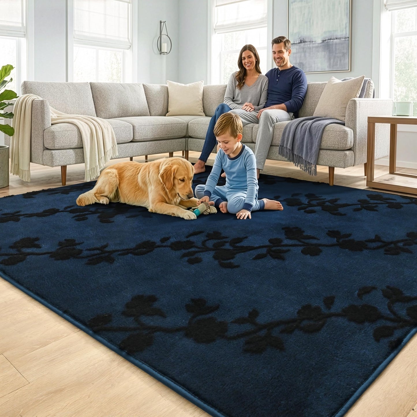 Opreine Large Area Rugs for Living Room Bedroom, 6x9 Feet Navy Blue Thickened Memory Foam Indoor Washable Rug, Black Flower Gothic Non-Slip Soft Carpets for Girls Boys Padded Rugs Dorm Room Mat