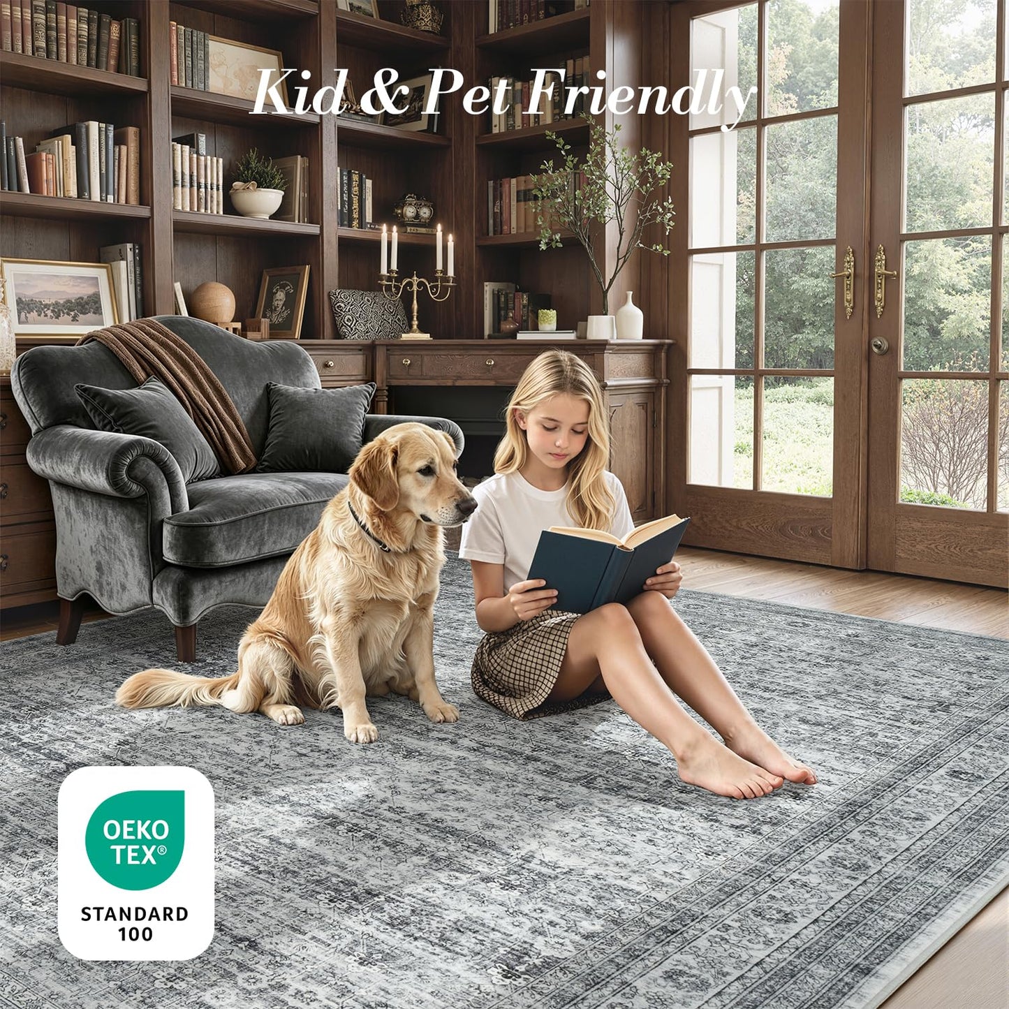 Vibrug Area Rug 6x9 Foggy Grey Vintage Washable Living Room Rugs Farmhouse Distressed Retro Floral Non-Slip Low Pile Stain Resistant Neutral Carpet for Office, Nursery, Lounge, Bedroom Foot of Bed