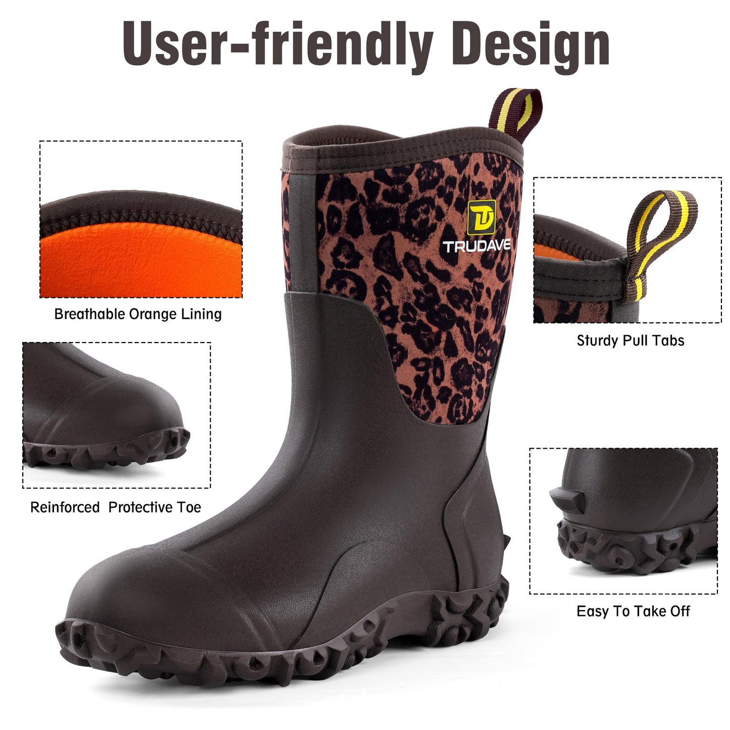 Trudave Rubber Boots for Women with Steel Shank, 6mm Neoprene Mid Calf Rain Boots, Waterproof Insulated Mud Work Boots All Season, Leopard, Size 11