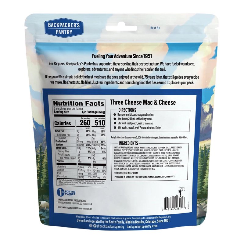 Backpacker's Pantry Three Cheese Mac & Cheese | Freeze Dried Backpacking & Camping Food | Emergency Food | 24 Grams of Protein | Vegetarian | 1 Count